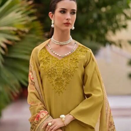 Roman Silk Suit Material with Cut Work Embroidery with Printed Muslin Dupatta