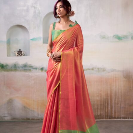 Handloom Zari Tissue Saree with Contrast Blouse Piece