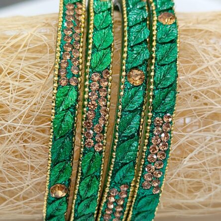 Green Leaf Design Glass Bangles with Zircon Work