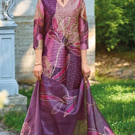 Jacquard Shimmer Digital Print Kurti Pant Dupatta Set with Handwork